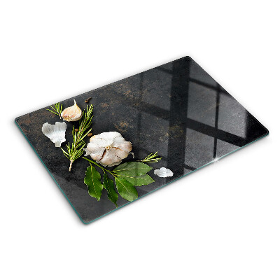 Schneidebrett glas Blumen und Kräuter auf Marmorgrund