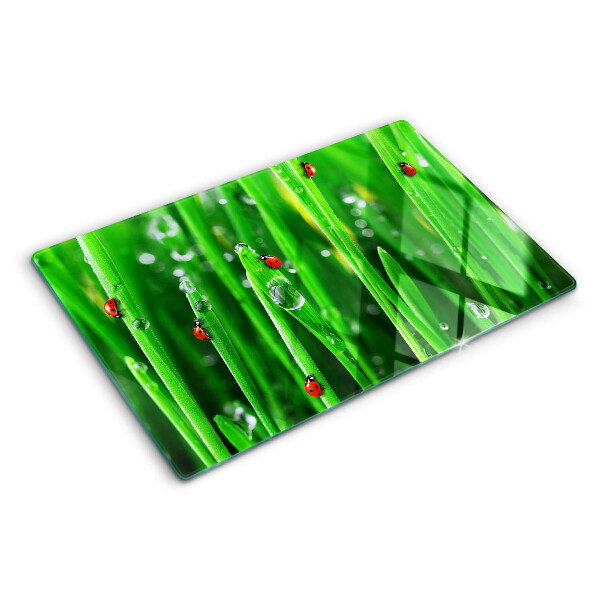 Schneidebrett Glas mit Motiv Wassertropfen auf Gras und Marienkäfern