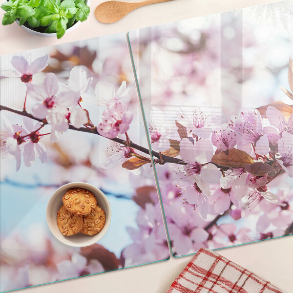 Schneidebrett glas Kirschblüten auf blauem Hintergrund