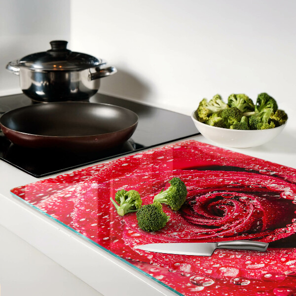 Schneidebrett glas Rote Rose mit Wassertropfen