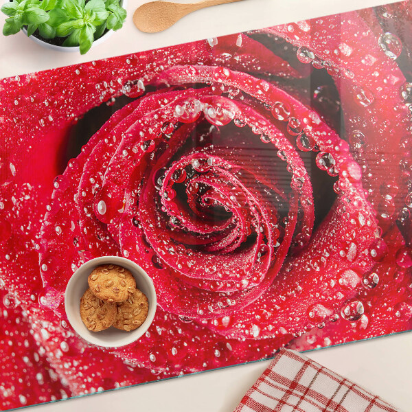 Schneidebrett Glas mit Motiv einer roten Rose und Wassertropfen