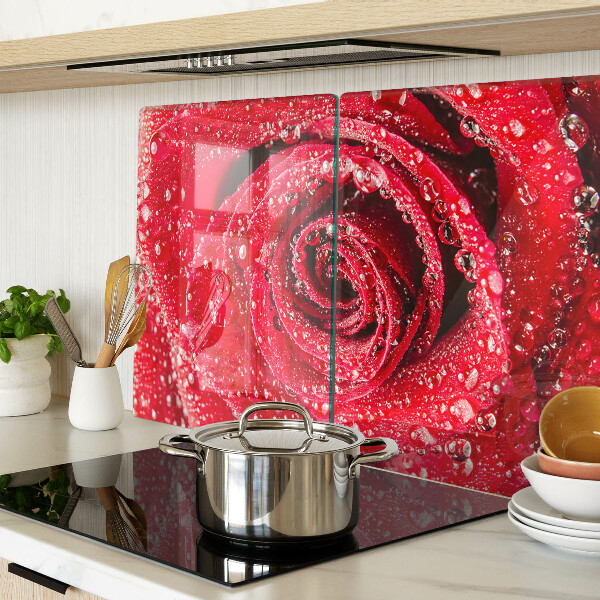 Schneidebrett Glas mit Motiv einer roten Rose und Wassertropfen