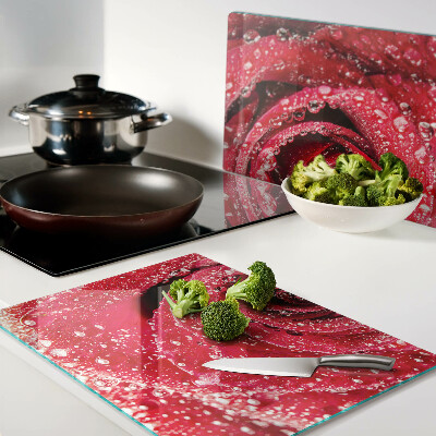 Schneidebrett glas Rote Rose mit Wassertropfen