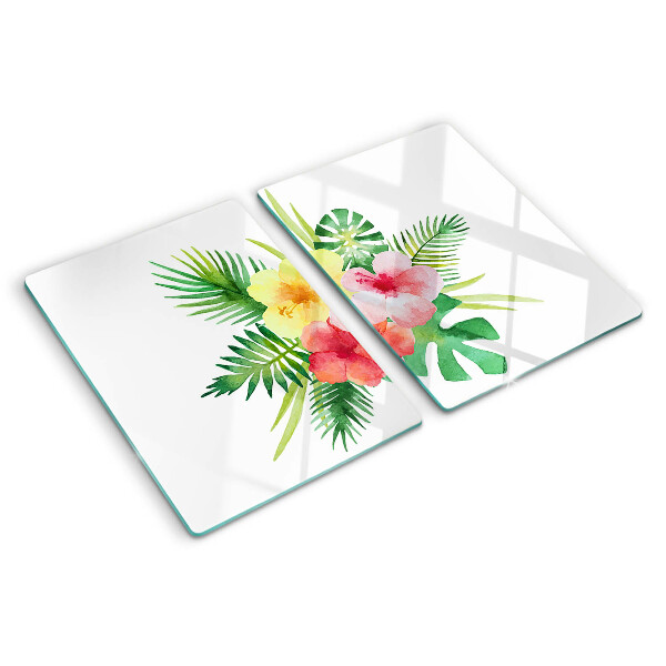 Schneidebrett Glas mit tropischem Blumen- und Blättermotiv