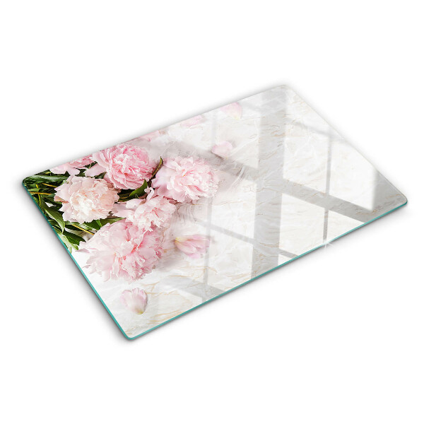 Glas schneidebrett Pfingstrosen auf Marmorgrund