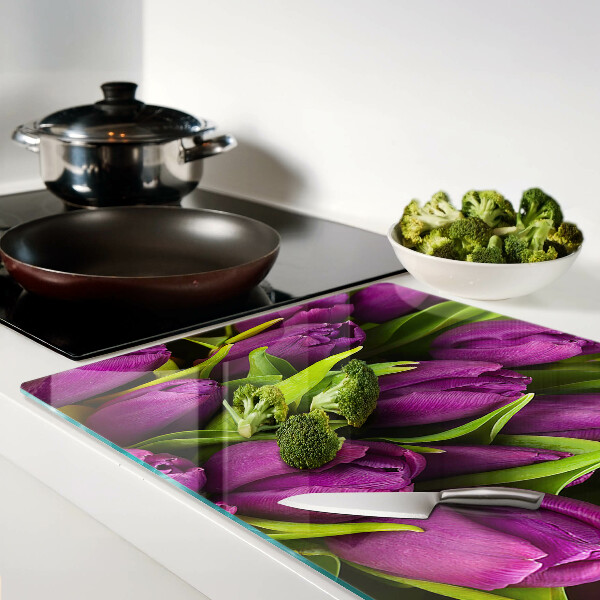Schneidebrett Lila Tulpen mit grünen Blättern
