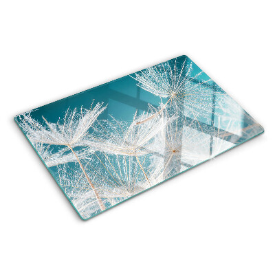 Glas schneidebrett Löwenzahn auf blauem Hintergrund