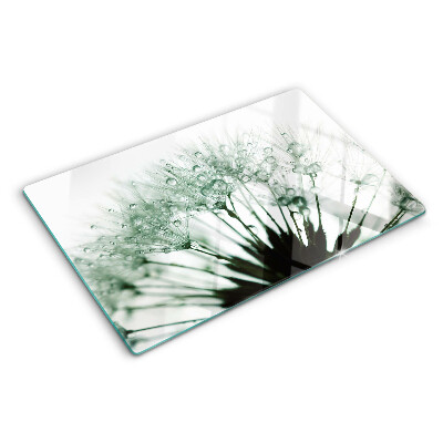 Schneidebrett mit Löwenzahn-Motiv und Wassertropfen