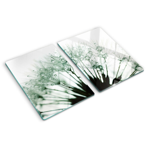 Schneidebrett mit Löwenzahn-Motiv und Wassertropfen