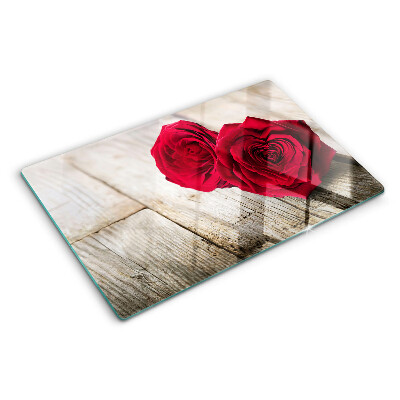 Schneidebrett Glas mit Motiv roter Rosen auf Holzgrund