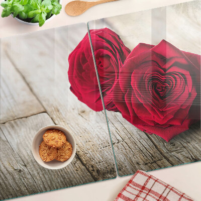 Schneidebrett Glas mit Motiv roter Rosen auf Holzgrund