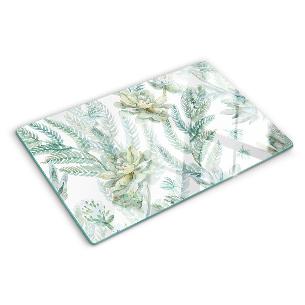 Glas Schneidebrett mit Motiv aus Sukkulenten und Blättern