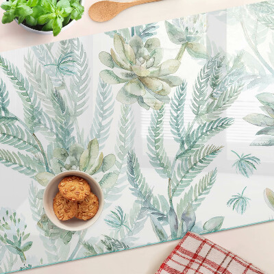 Glas Schneidebrett mit Motiv aus Sukkulenten und Blättern