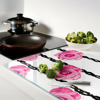 Schneidebrett Glas mit Rosenmotiv auf schwarzem Hintergrund