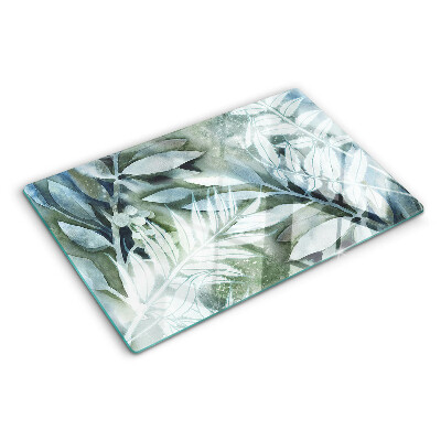 Glas-Schneidebrett mit Motiv tropischer Blätter in Pastelltönen
