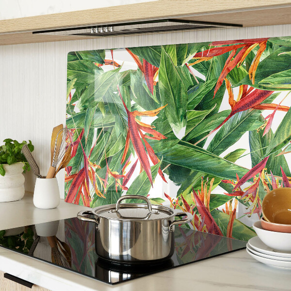 Schneidebrett Glas mit Motiv aus tropischen Blättern und Blüten