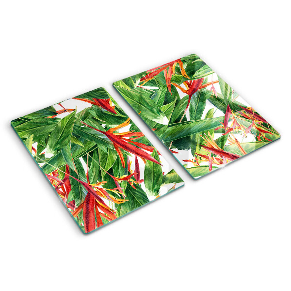 Schneidebrett Glas mit Motiv aus tropischen Blättern und Blüten