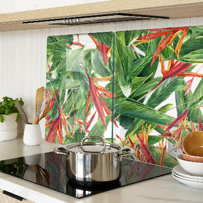 Schneidebrett Glas mit Motiv aus tropischen Blättern und Blüten