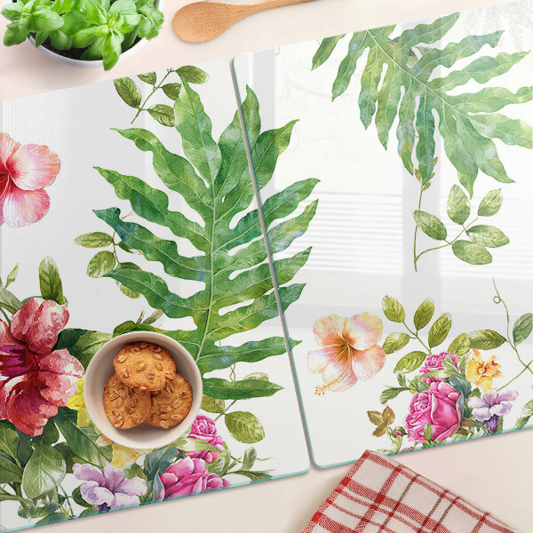 Glas-Schneidebrett mit Blumenmuster und Blättern