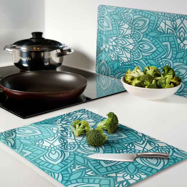 Glas-Schneidebrett mit Mandala-Muster in Blautönen