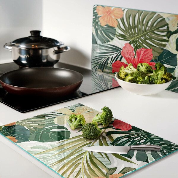 Glas-Schneidebrett mit tropischen Blumen- und Blattmotiven