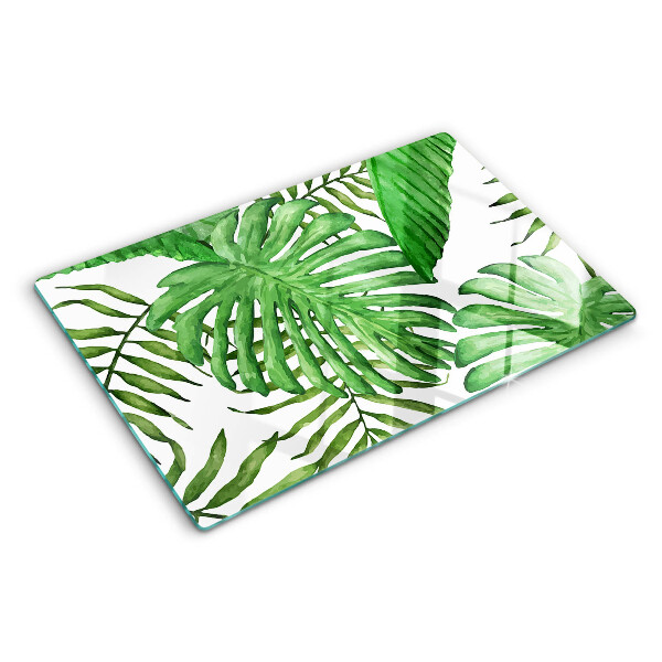 Schneidebrett Glas mit tropischen Blättern in Grüntönen