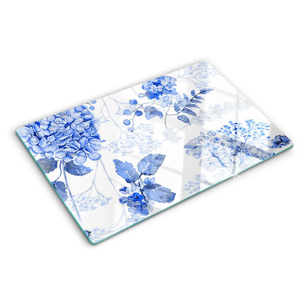 Glas-Schneidebrett mit Blumenmotiv in Blautönen