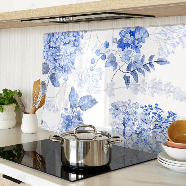 Glas-Schneidebrett mit Blumenmotiv in Blautönen