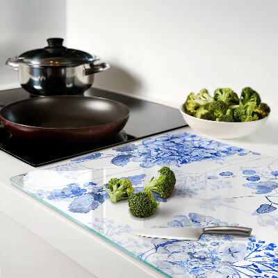 Glas-Schneidebrett mit Blumenmotiv in Blautönen