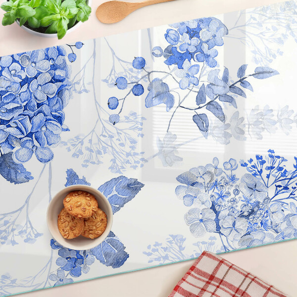 Glas-Schneidebrett mit Blumenmotiv in Blautönen