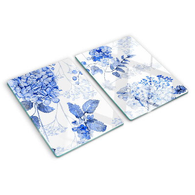 Glas-Schneidebrett mit Blumenmotiv in Blautönen