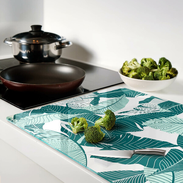 Schneidebrett Glas mit Motiv tropischer Blätter in Grüntönen