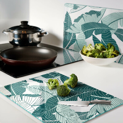 Schneidebrett Glas mit Motiv tropischer Blätter in Grüntönen