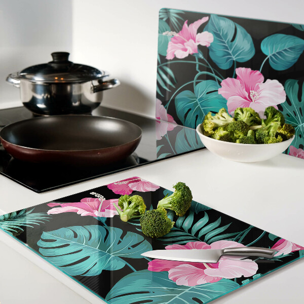 Glas-Schneidebrett mit tropischem Blumen- und Blättermotiv