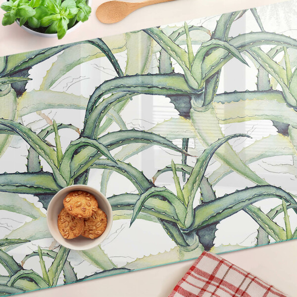 Schneidebrett Glas mit Pflanzenblättern im Aquarellstil