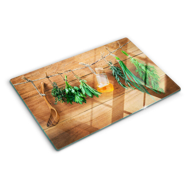 Schneidebrett glas Kräuter in der Küche