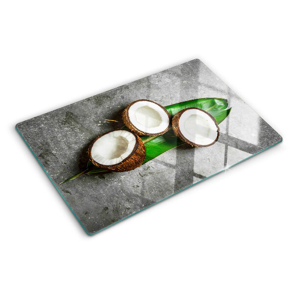 Schneidebrett glas Kokosnuss auf Betongrund