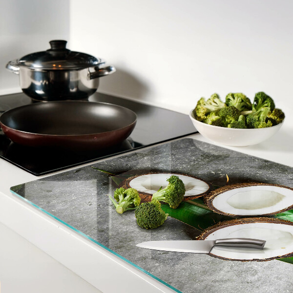 Schneidebrett Glas mit Kokosnuss-Motiv auf Betongrund