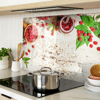 Glas schneidebrett Himbeeren und Blätter