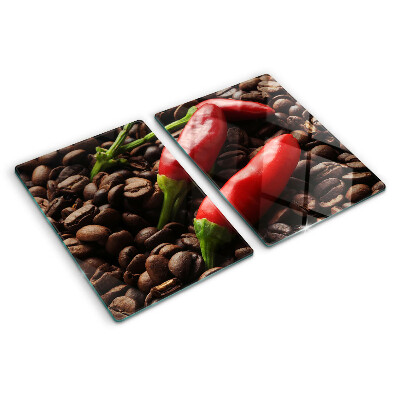 Glas-Schneidebrett mit Motiv von Kaffee und Chilischoten