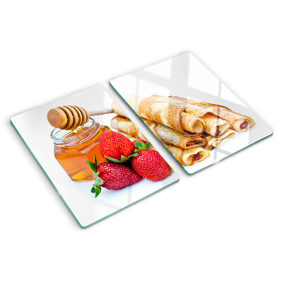 Glas Schneidebrett mit Motiv Pfannkuchen mit Honig und Erdbeeren