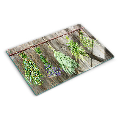 Glas-Schnittbrett mit Kräutermotiv auf Holzoptik