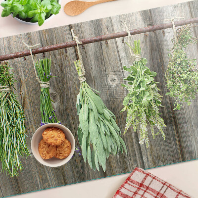 Glas-Schnittbrett mit Kräutermotiv auf Holzoptik