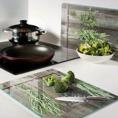 Glas-Schnittbrett mit Kräutermotiv auf Holzoptik