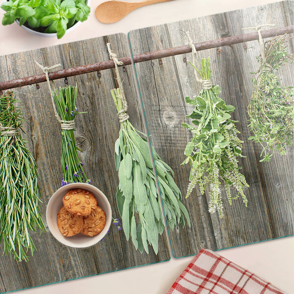Glas-Schnittbrett mit Kräutermotiv auf Holzoptik