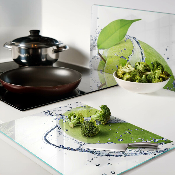 Schneidebrett Glas mit Motiv eines in Wasser getauchten Apfels