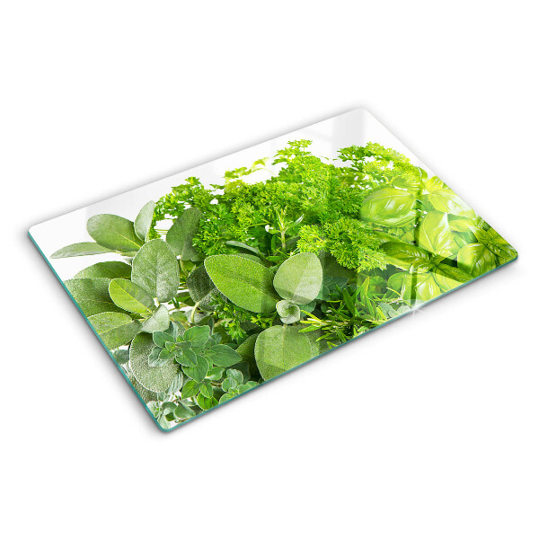 Glas-Schneidebrett mit grünem Kräuter- und Blättermotiv