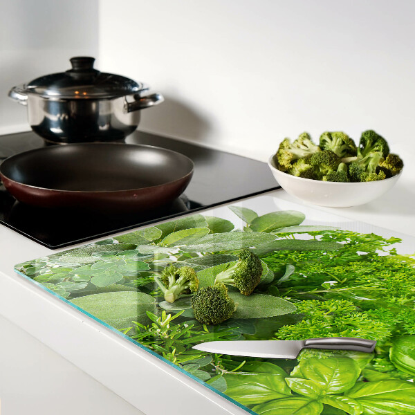 Glas schneidebrett Grüne Kräuter und Blätter