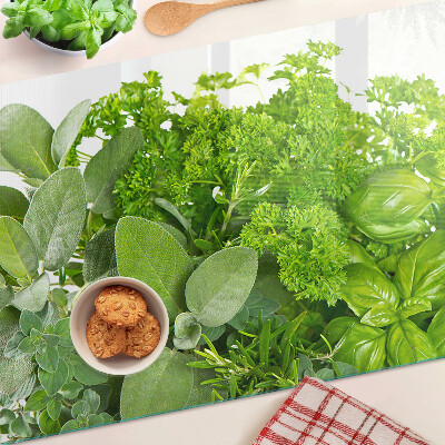 Glas-Schneidebrett mit grünem Kräuter- und Blättermotiv