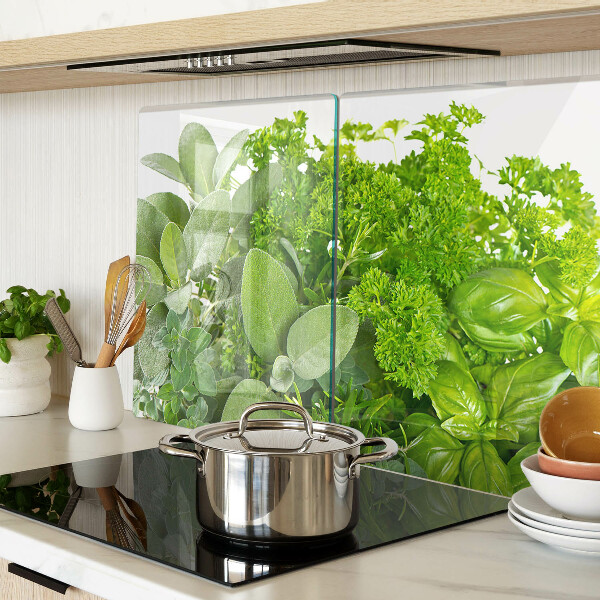 Glas-Schneidebrett mit grünem Kräuter- und Blättermotiv